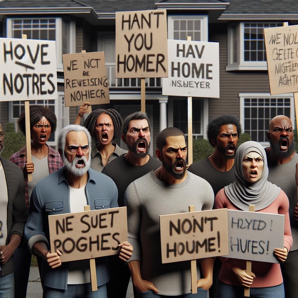 "Angry homeowners holding protest signs"