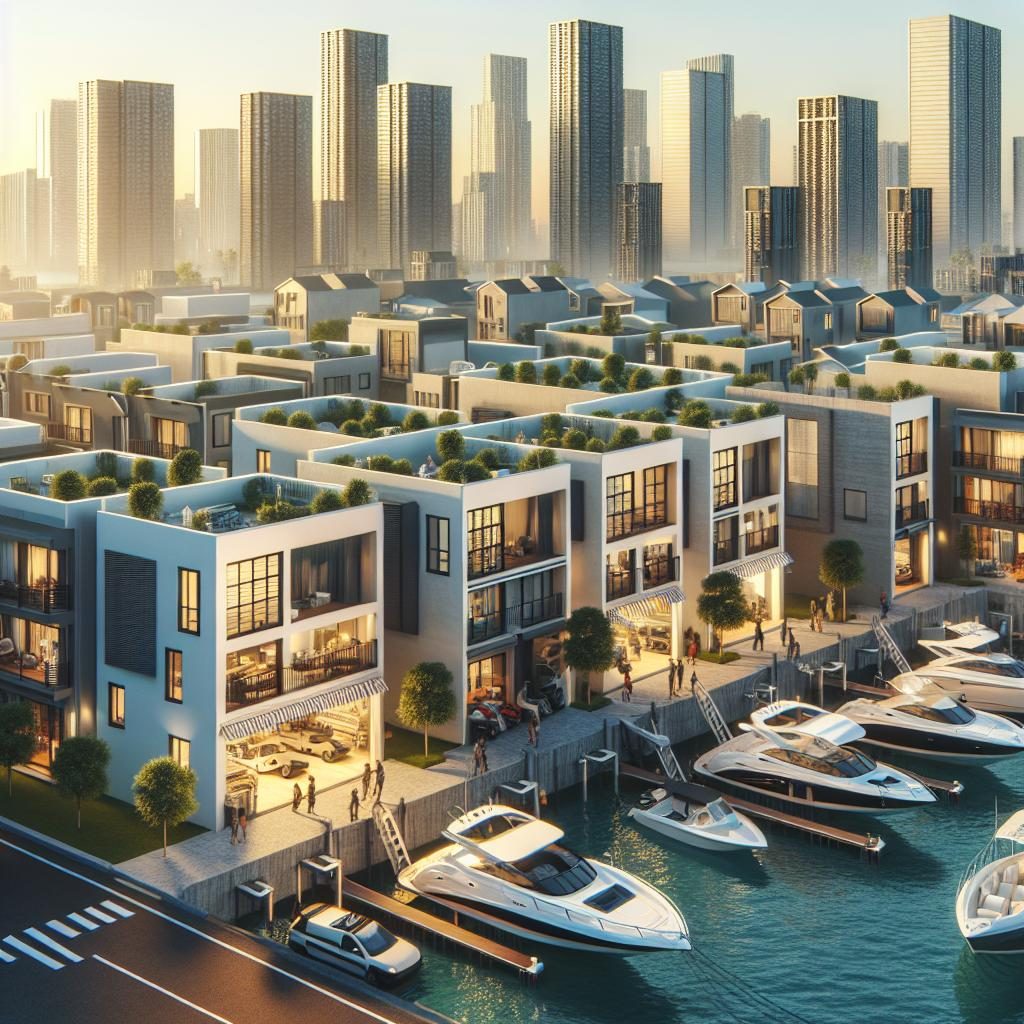 Townhomes, boat dealership, cityscape.