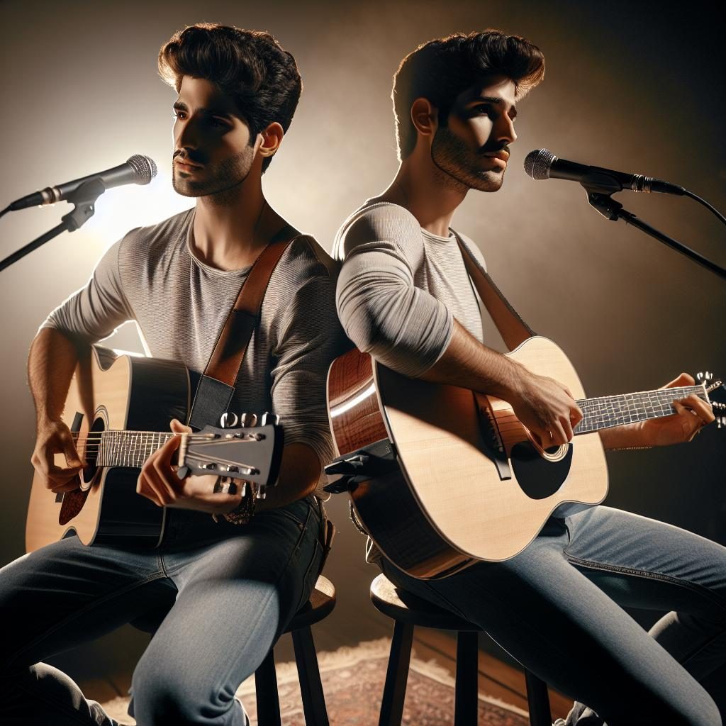 Twin musicians performing harmonies.