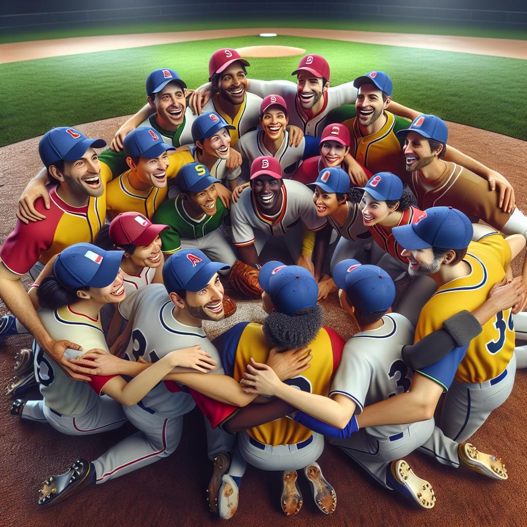 Celebratory baseball team huddle