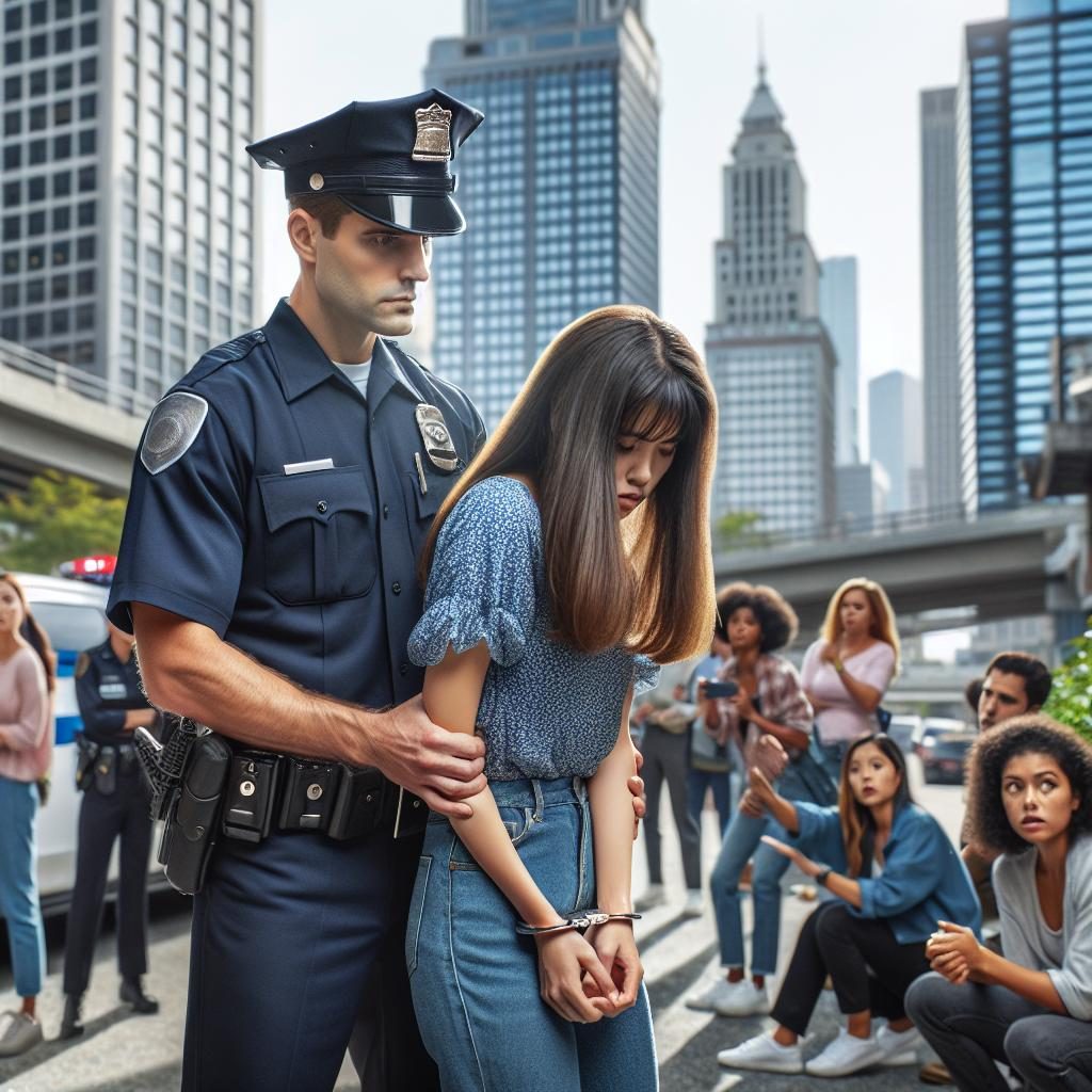 Police arresting woman outside.