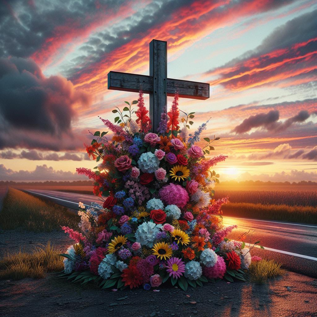 Roadside memorial with flowers