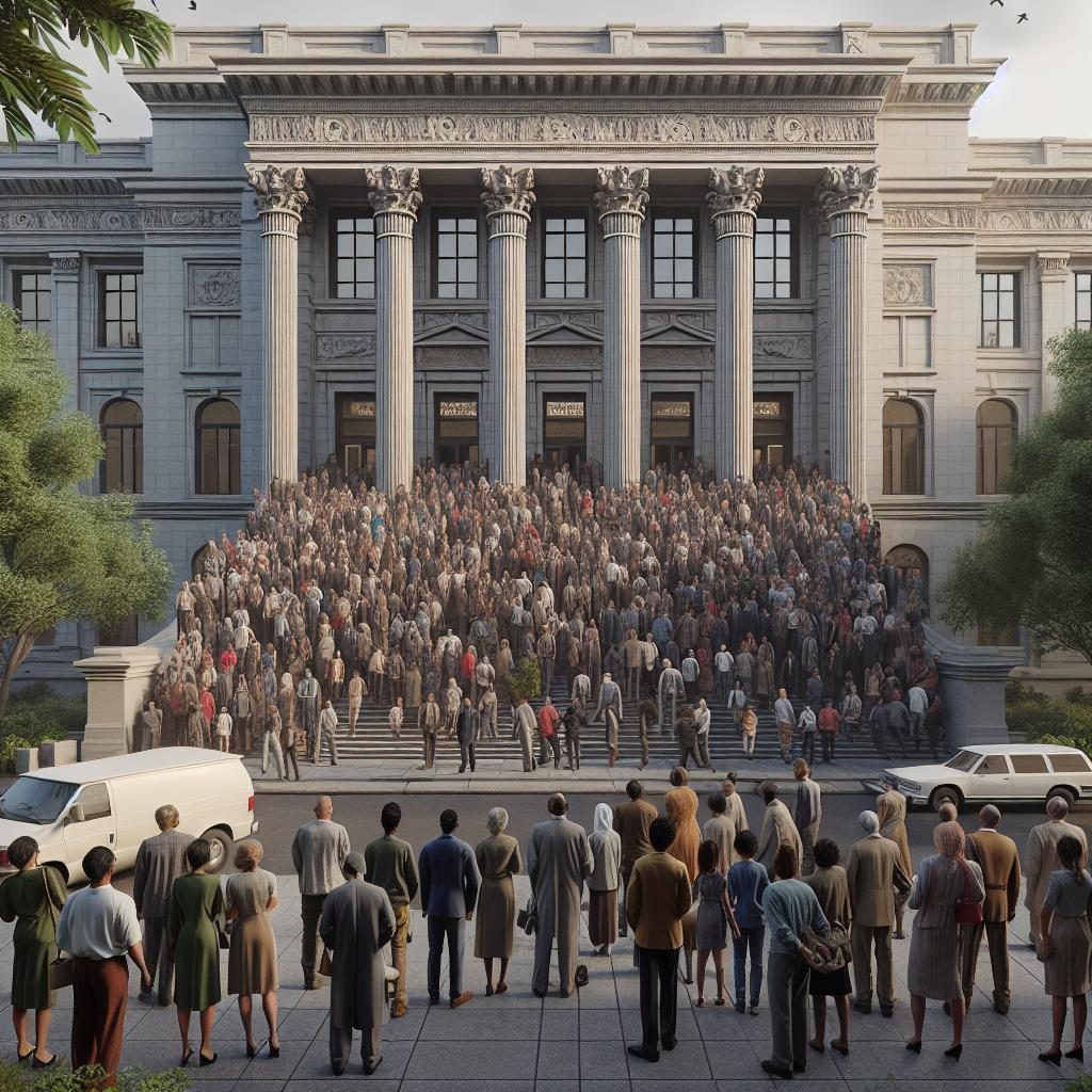 Courthouse scene with onlookers.