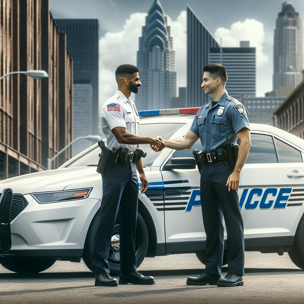 Police car and handshake.