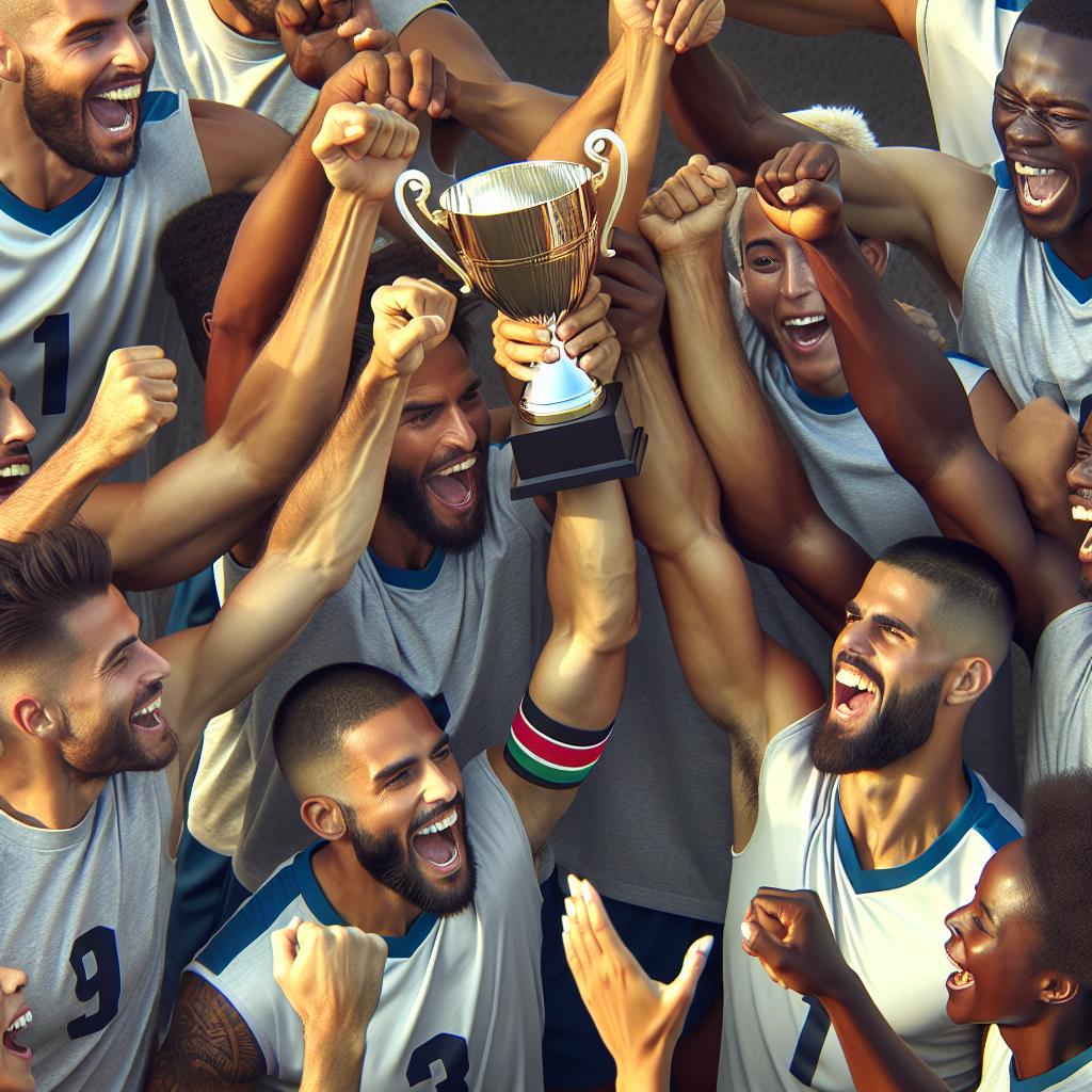 Trophy celebration team huddle.