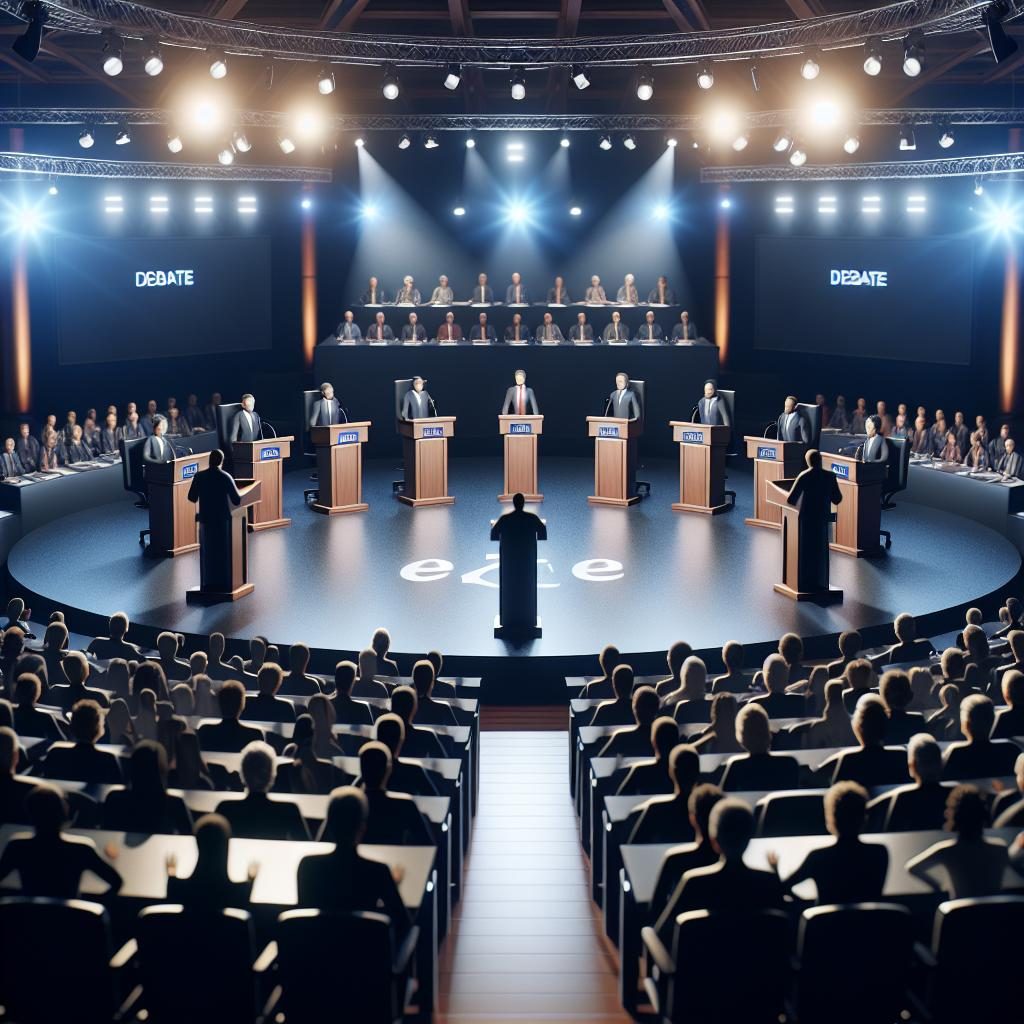 Political debate with podiums.