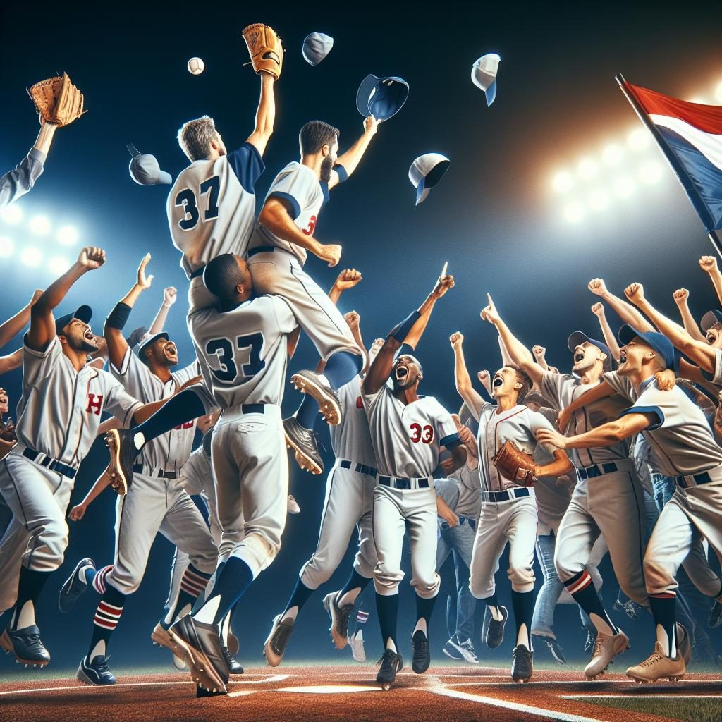 Baseball team celebrating victory.