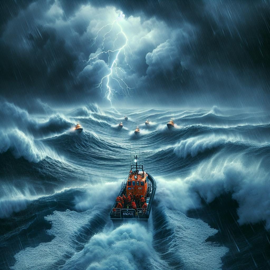 Rescue boats in storm.