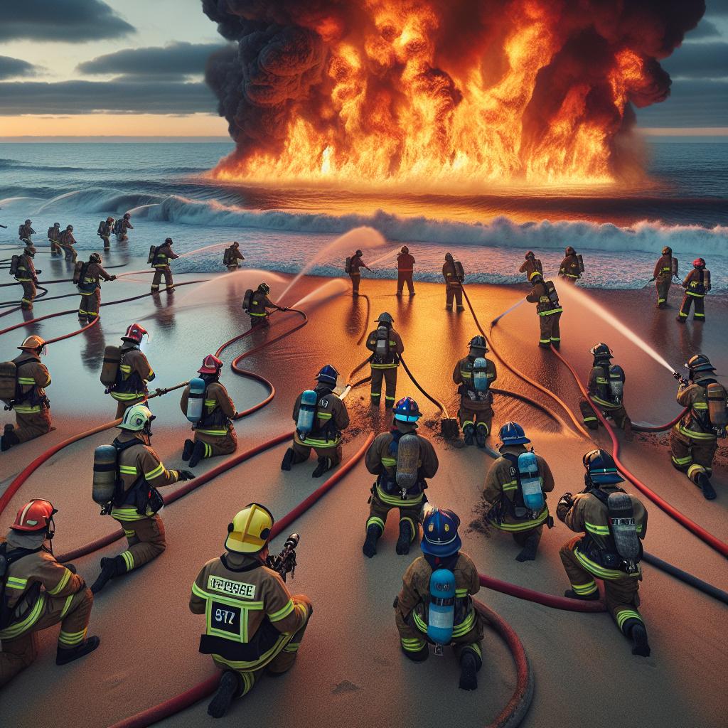 Firefighters battling blaze on beach.