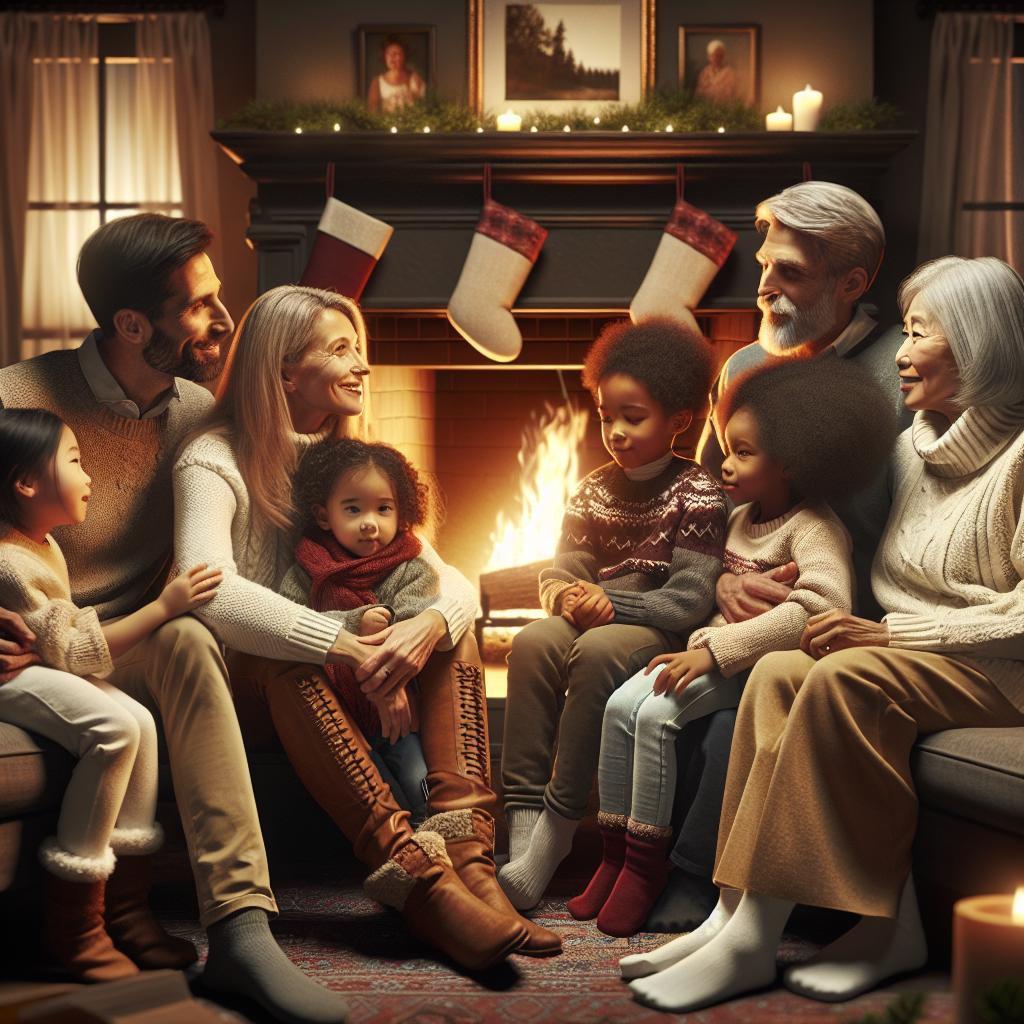 Family gathering around fireplace.