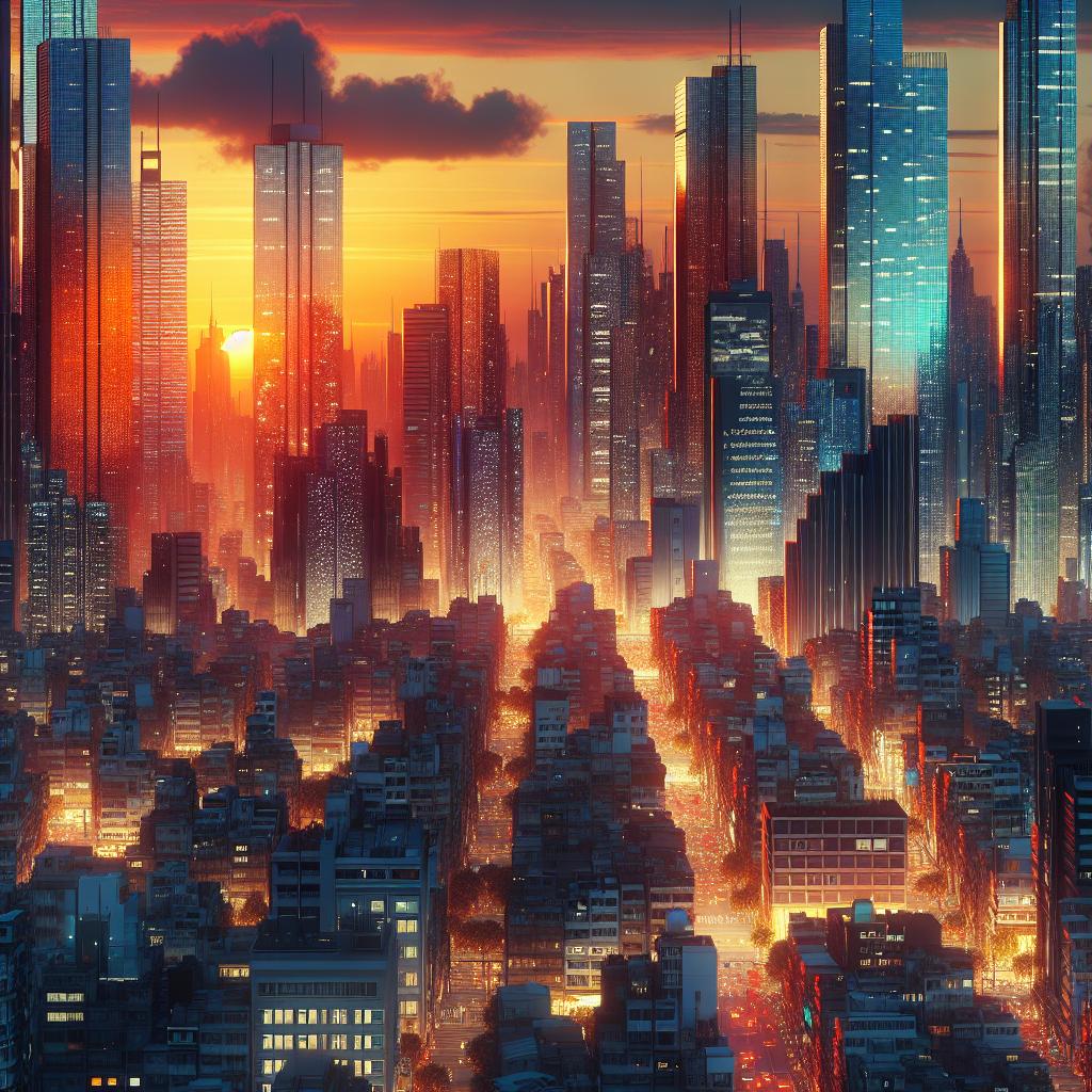 Vibrant cityscape at sunset.