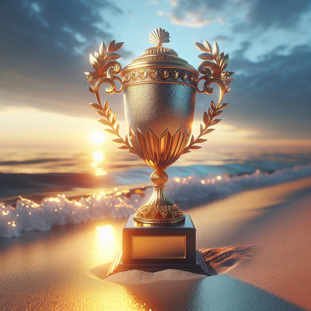 Trophy glowing on beach.