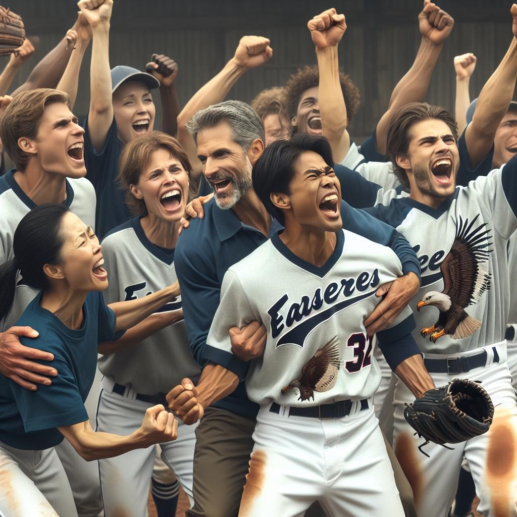 Baseball team celebrating victory.