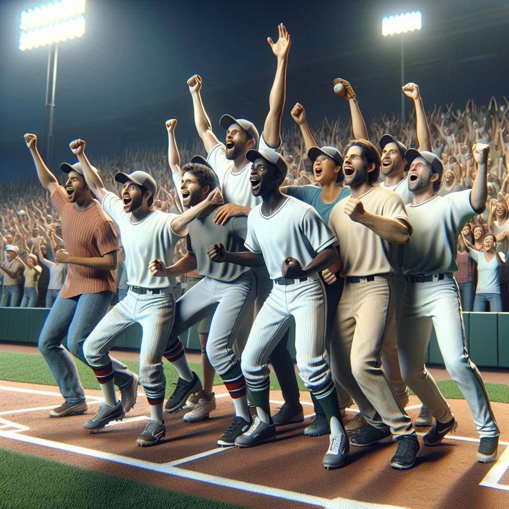 Baseball team celebrates victory.