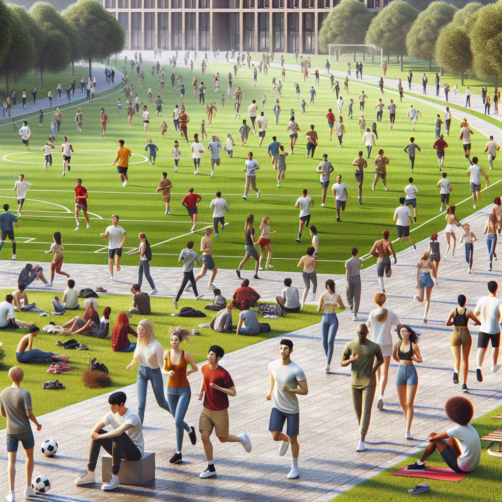 College students exercising outdoors.