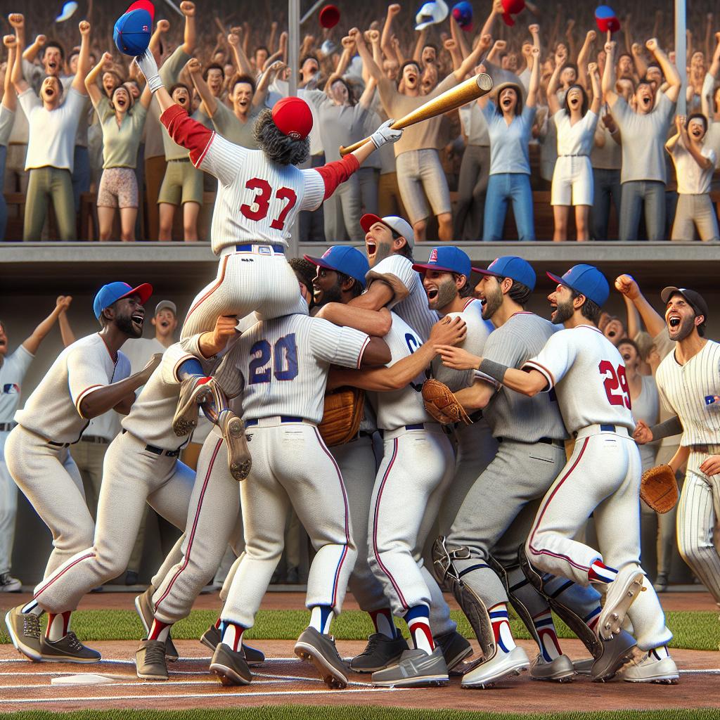 Baseball players celebrating victory.