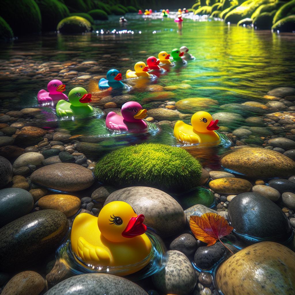 "Rubber ducks racing stream"