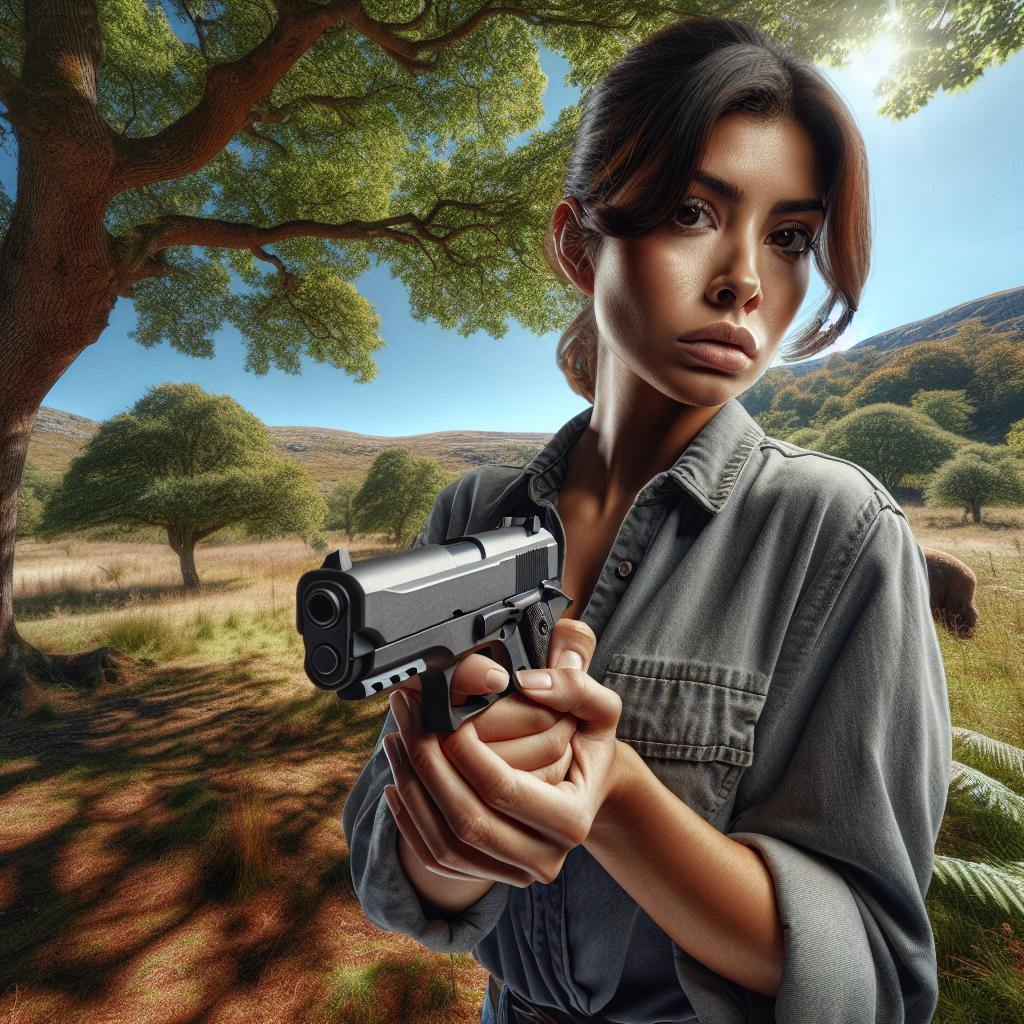 Woman holding gun outdoors.