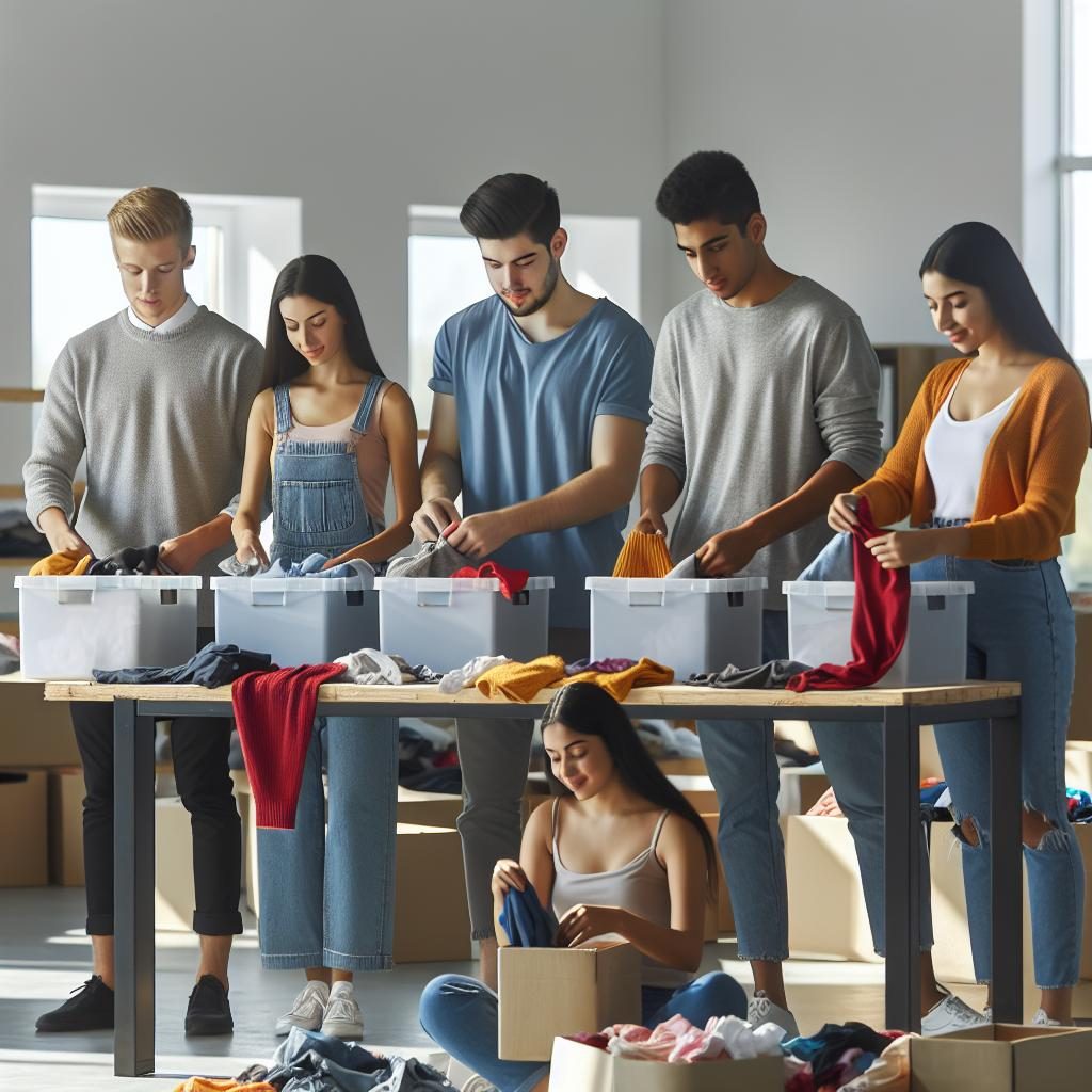 Students sorting clothing donations.