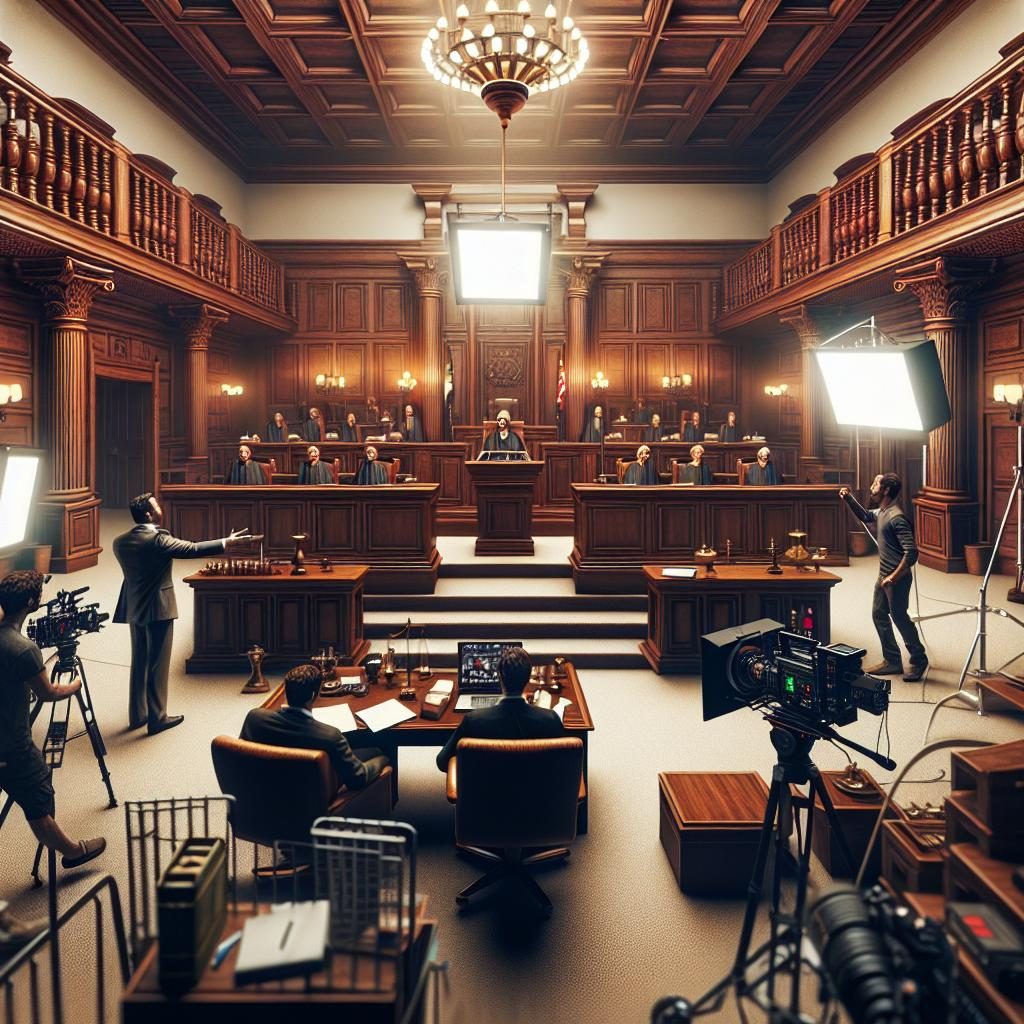 Movie set courtroom clash.