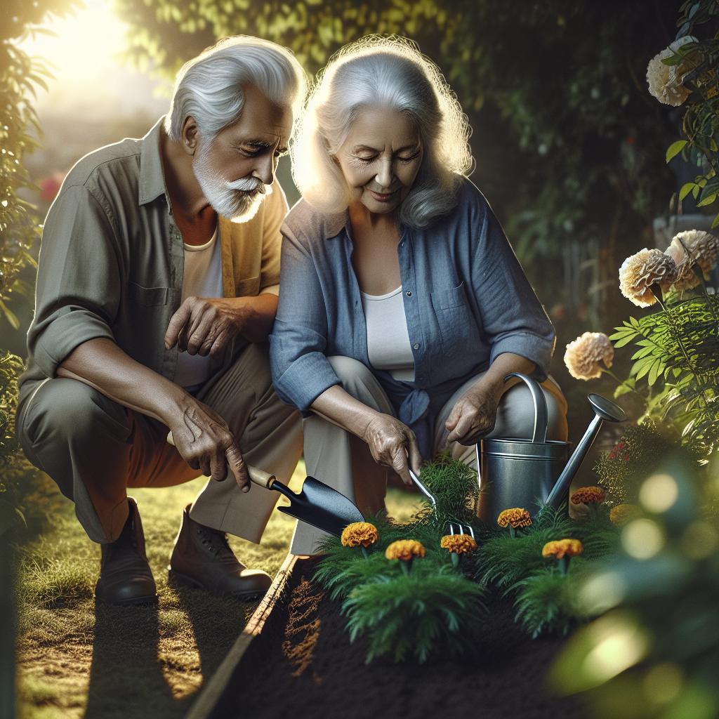 Elderly couple gardening together.