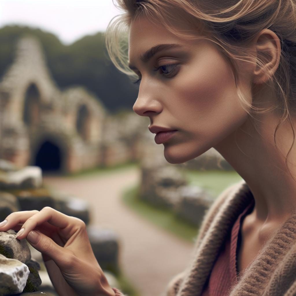 English woman examining ruins.