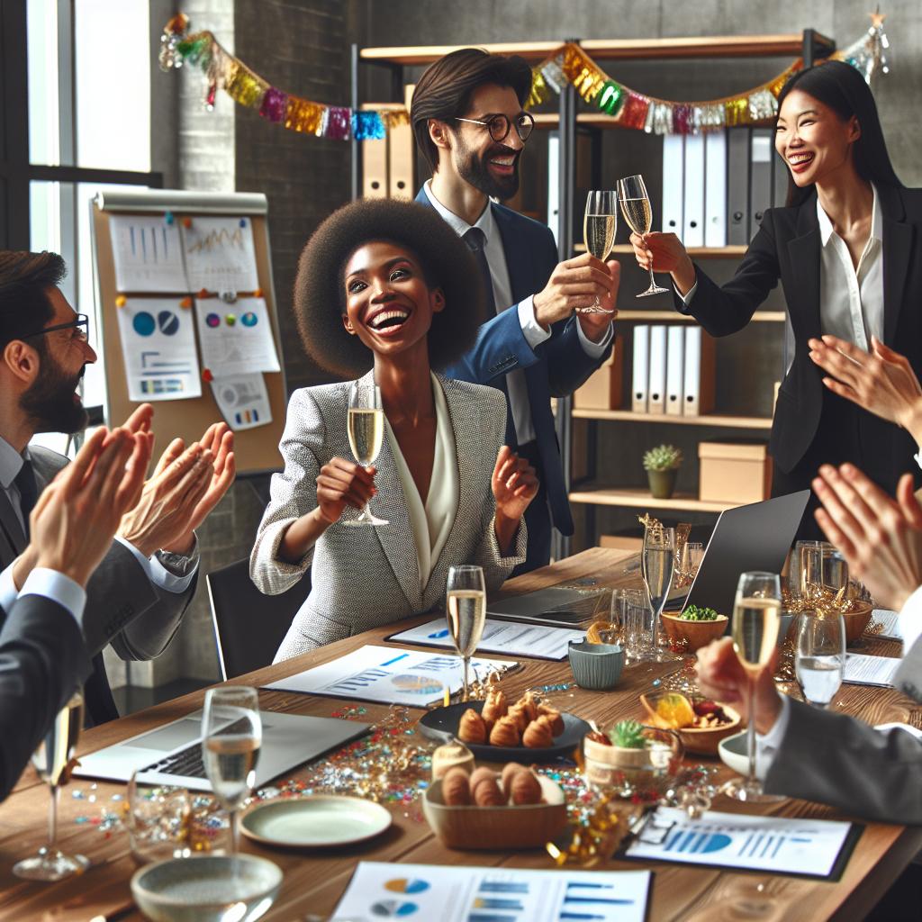 Diverse board meeting celebration.