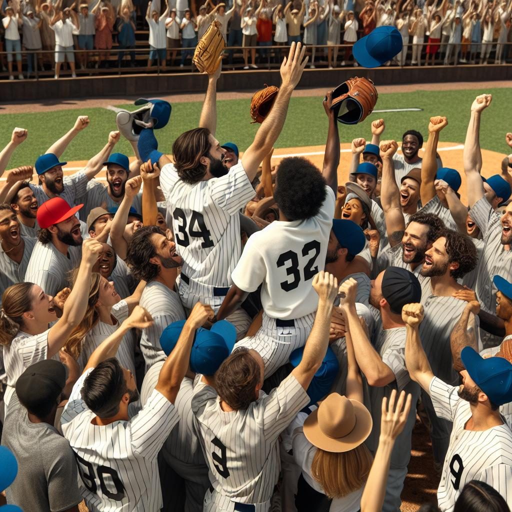 Baseball victory celebration image.