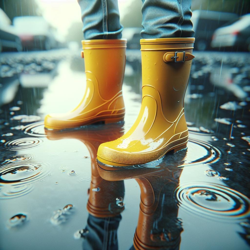 Rain boots reflection puddles.