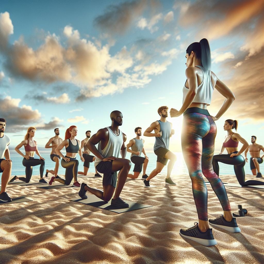 Fitness class by beach.