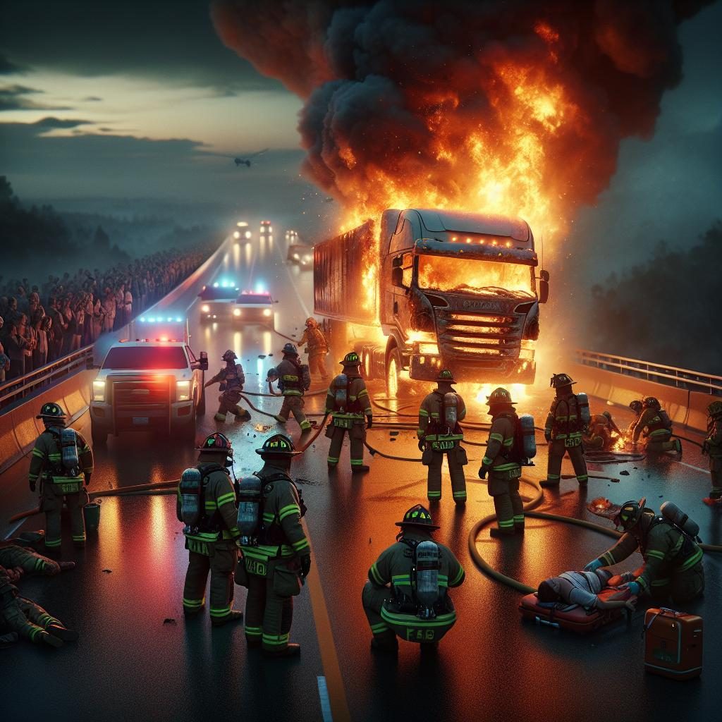 Flaming truck rescue scene.