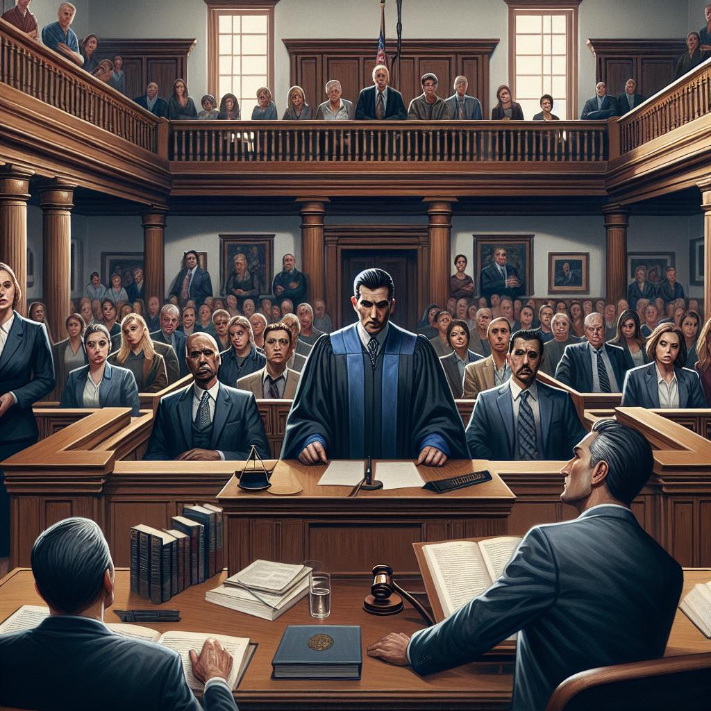 Courtroom drama scene illustration.