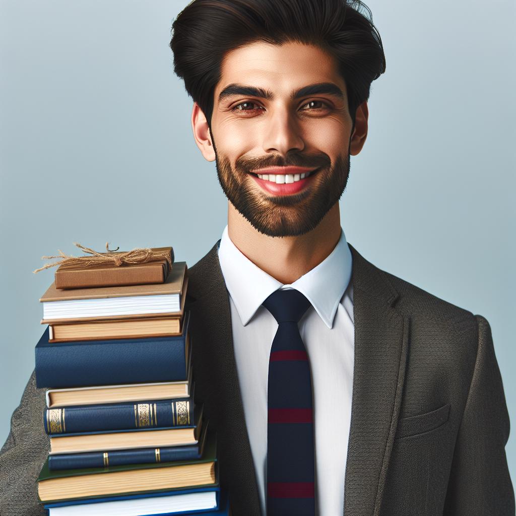 Teacher with books smiling.