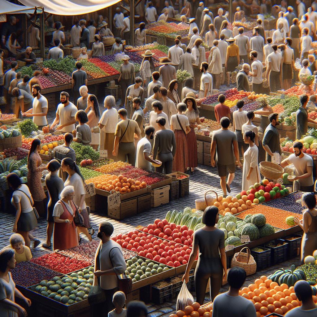 Colorful farmers market scene.