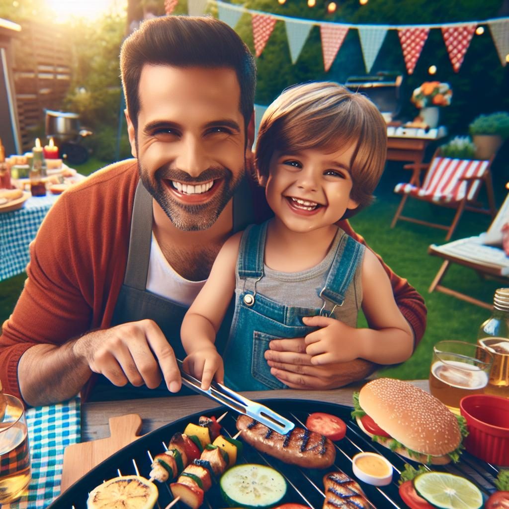 Father and child enjoying barbecue.