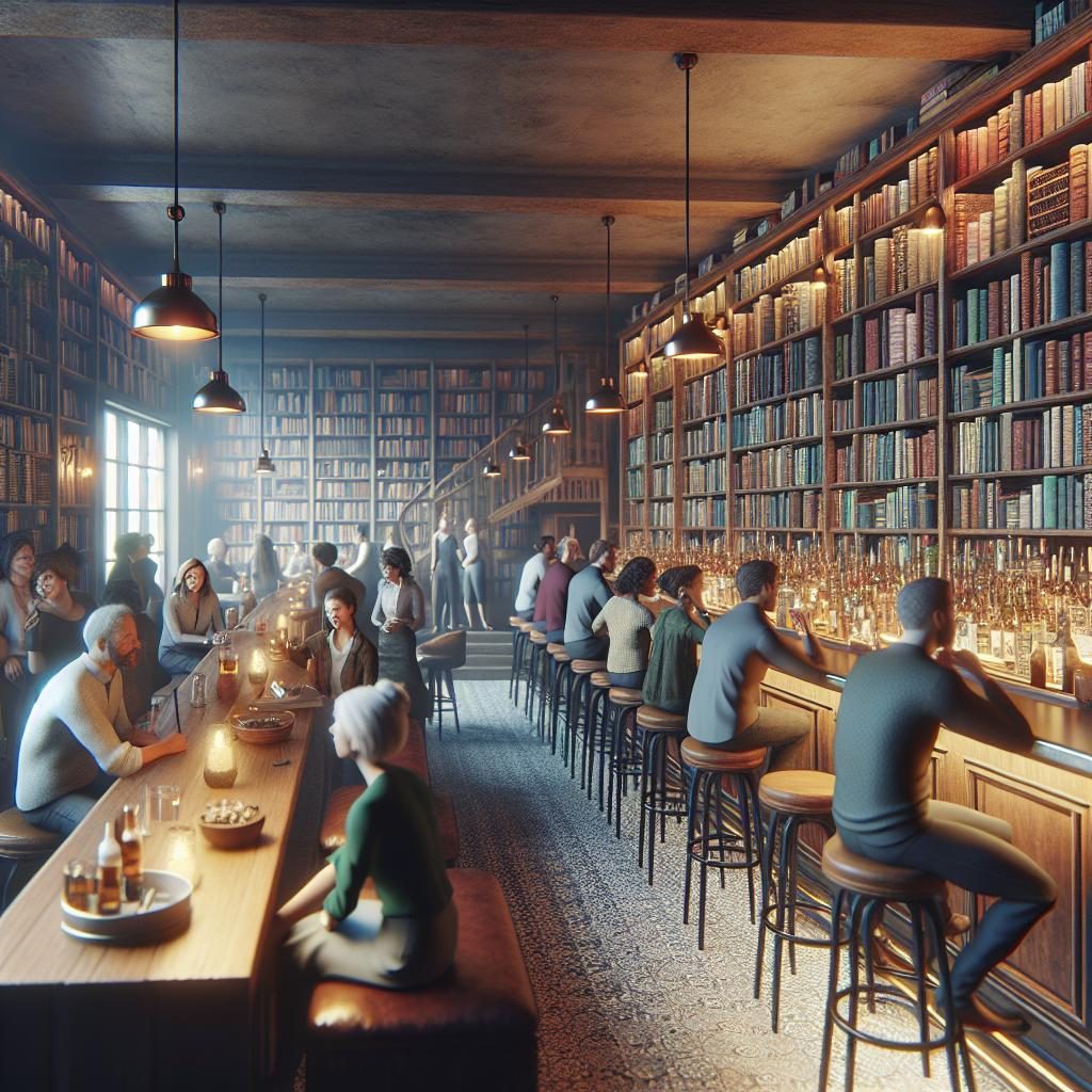 Book-lined bar scene.