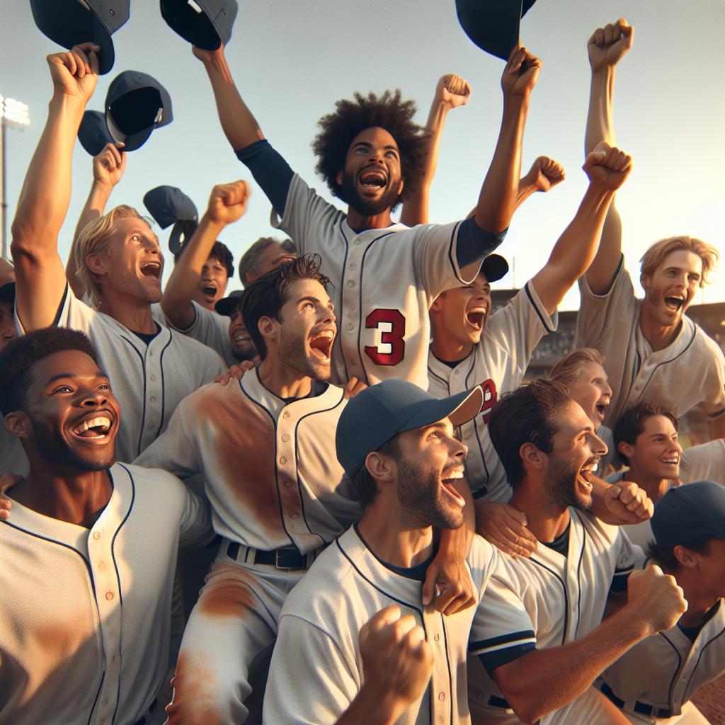 Baseball team celebrating victory.