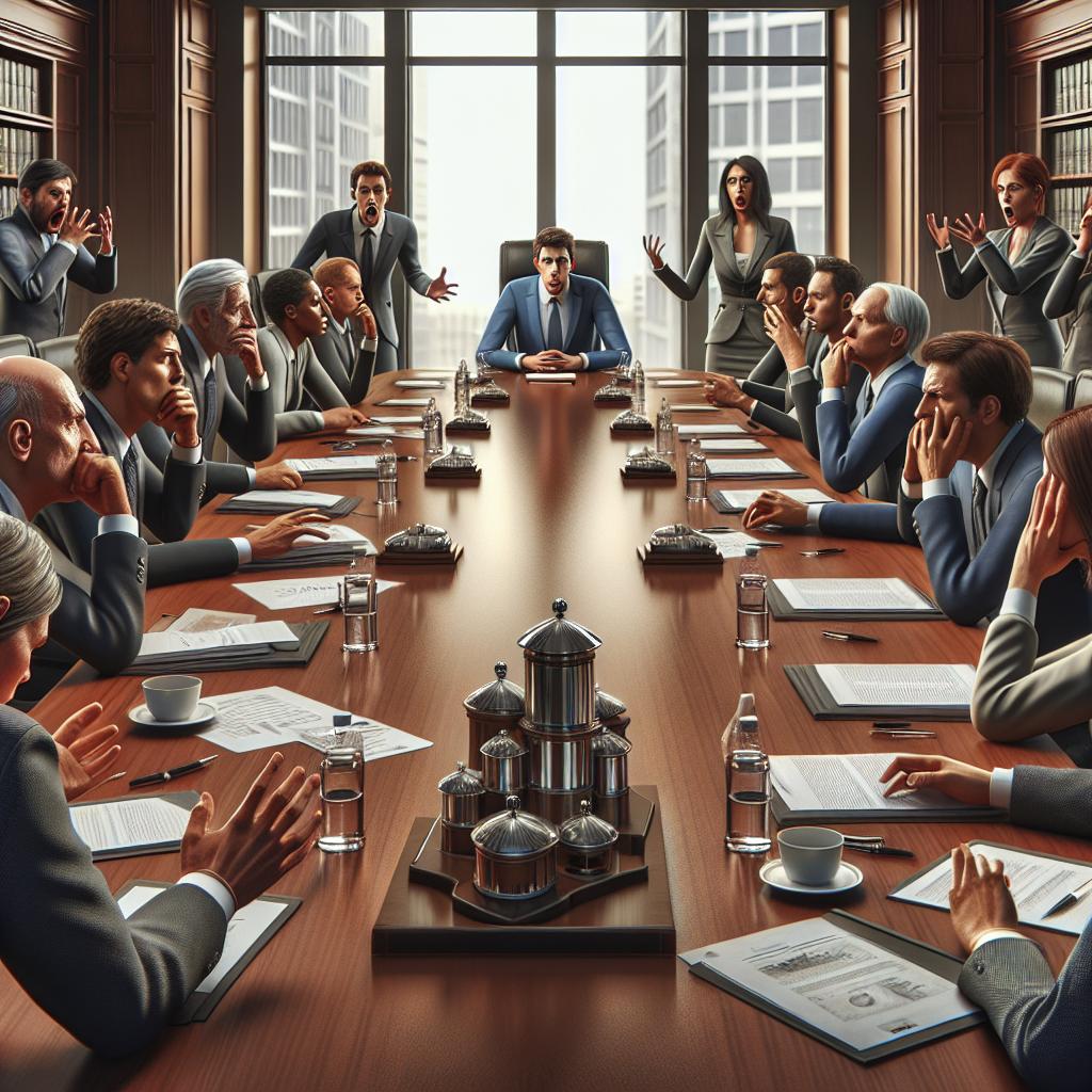Board meeting tension illustration.