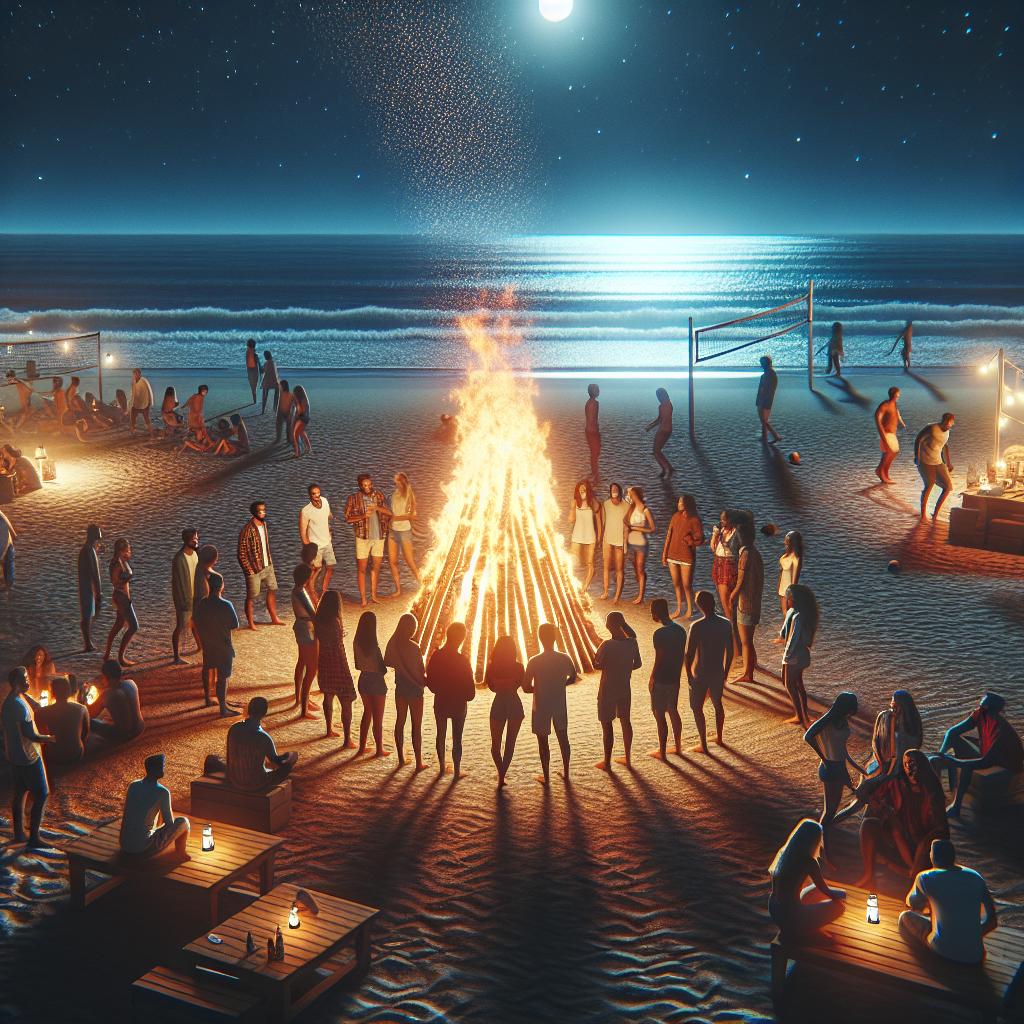 "Beach bonfire party"