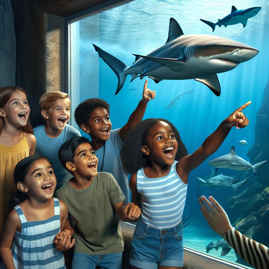 Children interacting with sharks.