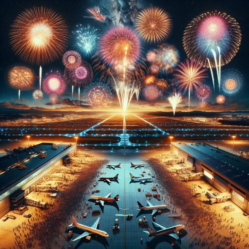 Fireworks over crowded airport.