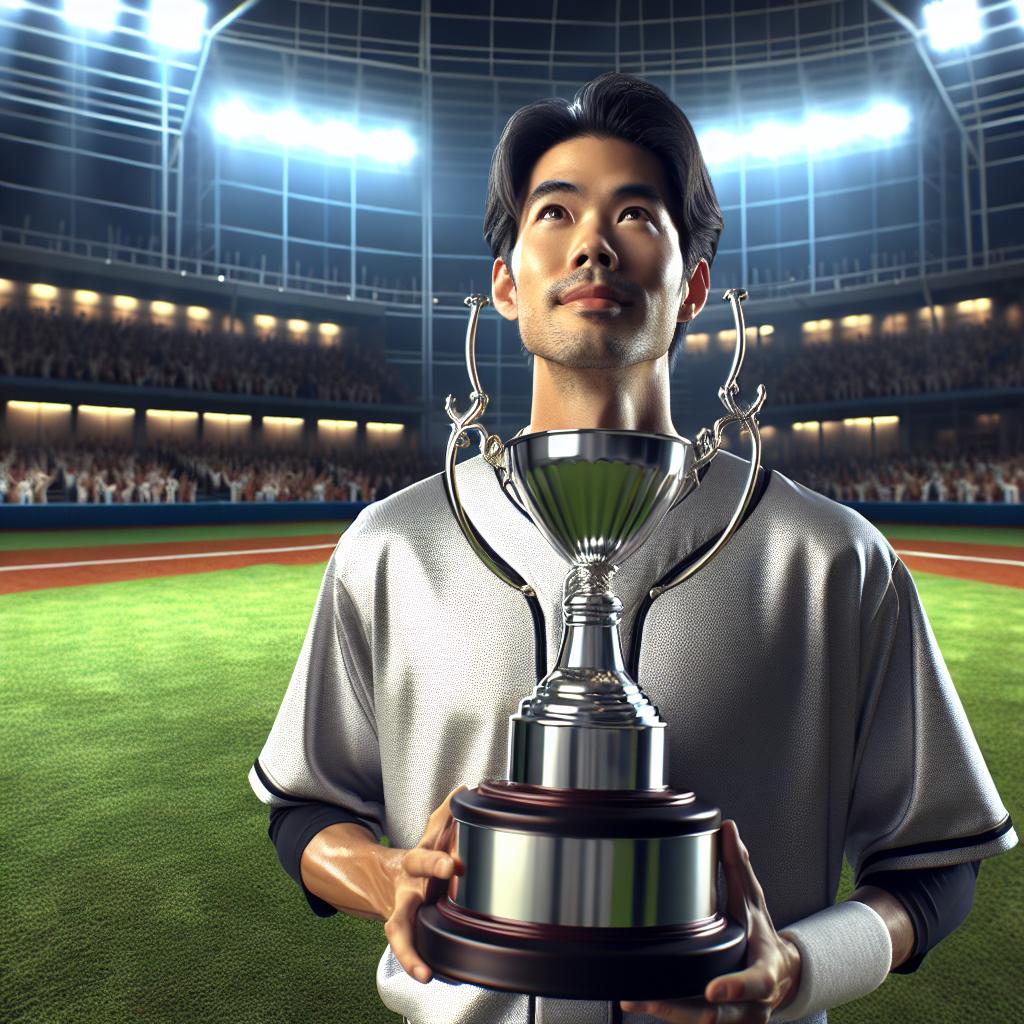 Baseball player holding trophy.