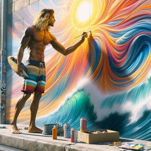 "Surfer painting street mural"