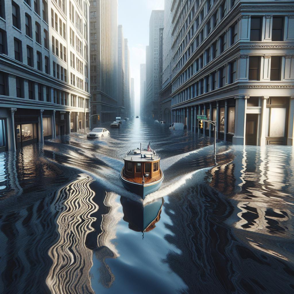 Boat navigating flooded street
