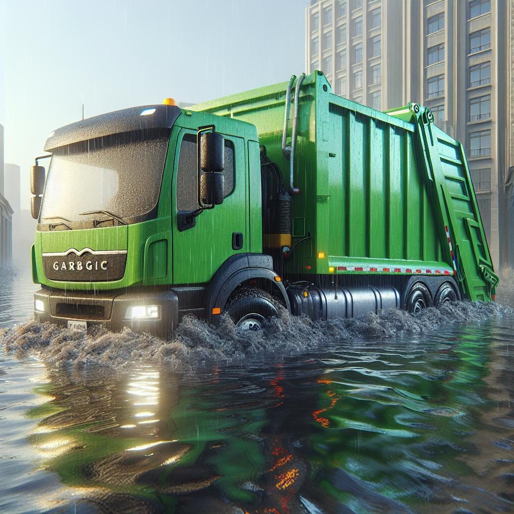 Garbage truck in flood.