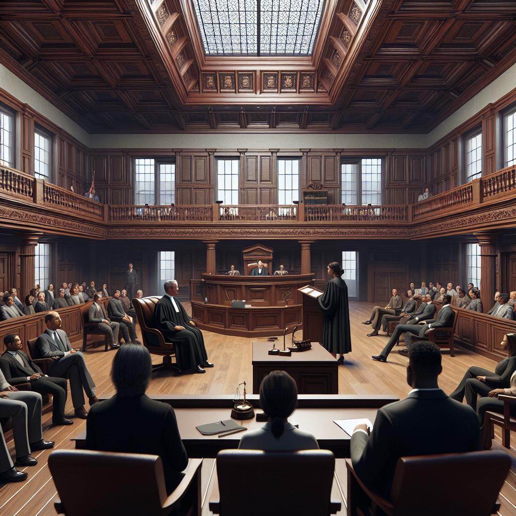 Courtroom dispute resolution illustration.