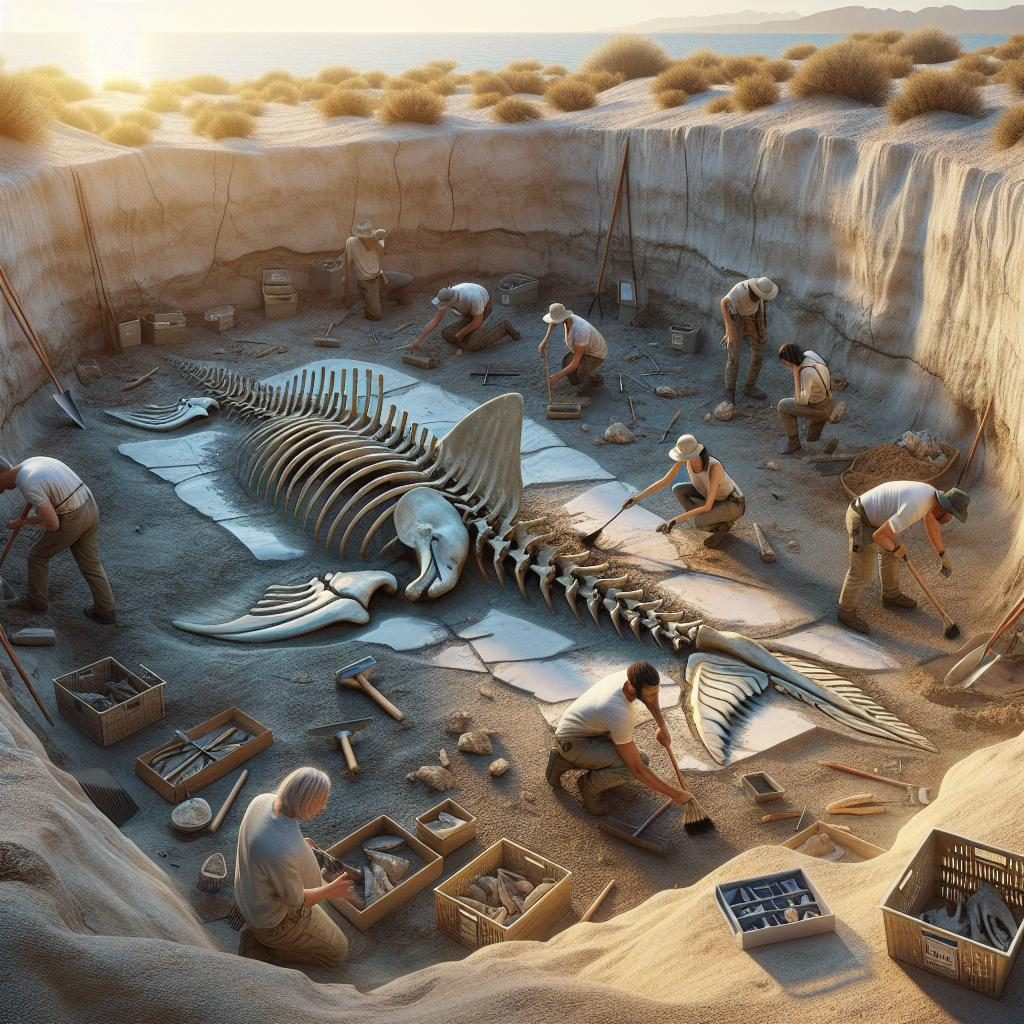 "Dolphin fossil excavation scene"