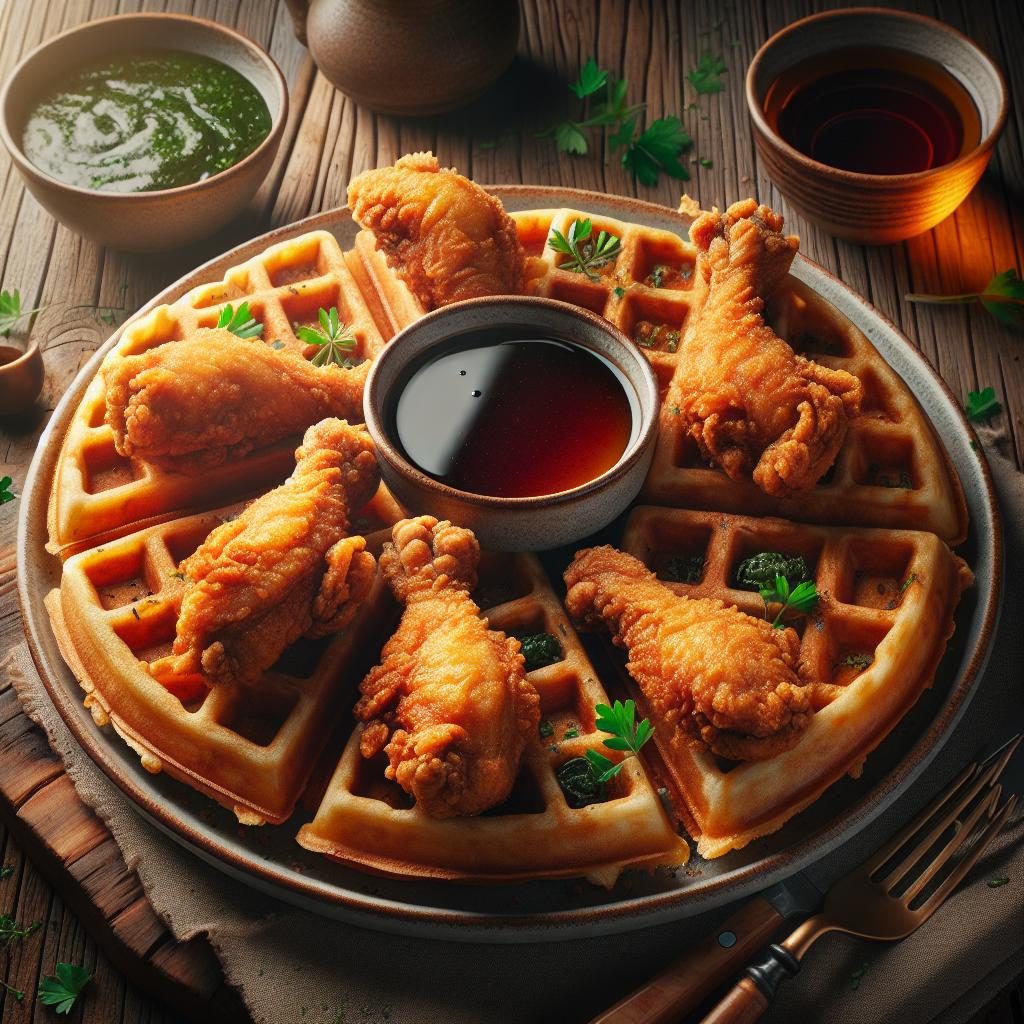 Delicious chicken waffles feast.