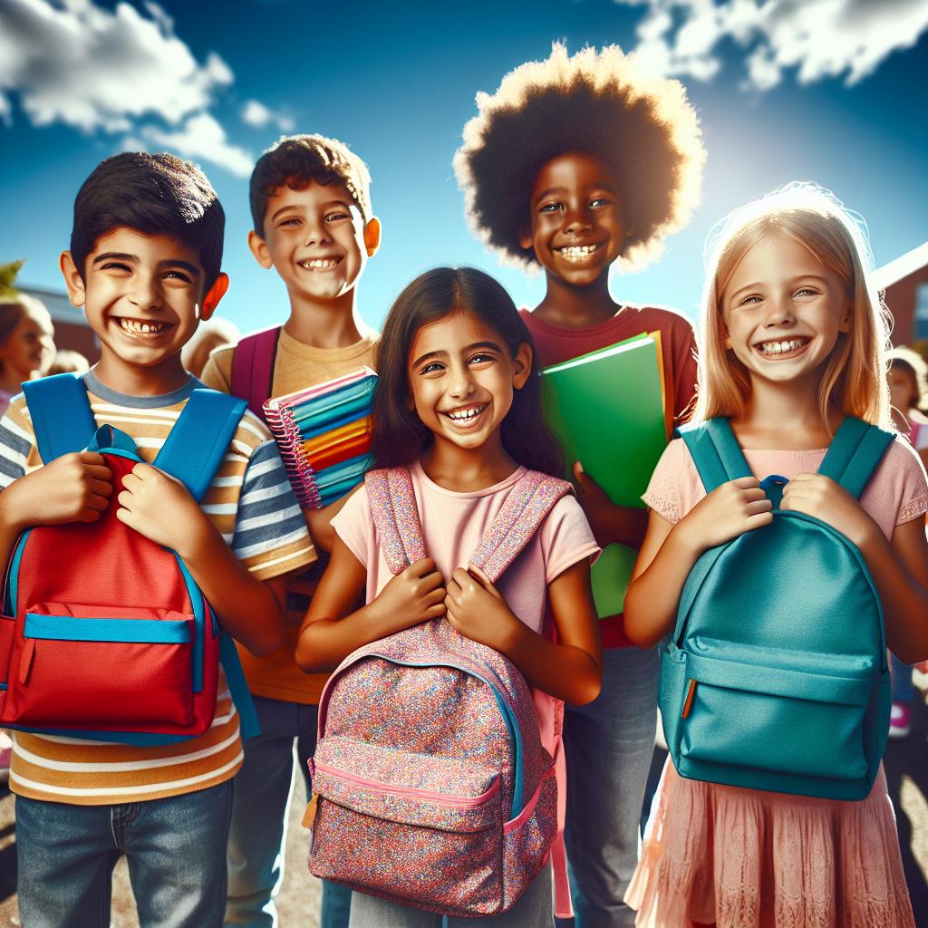 "Children receiving backpacks happily"