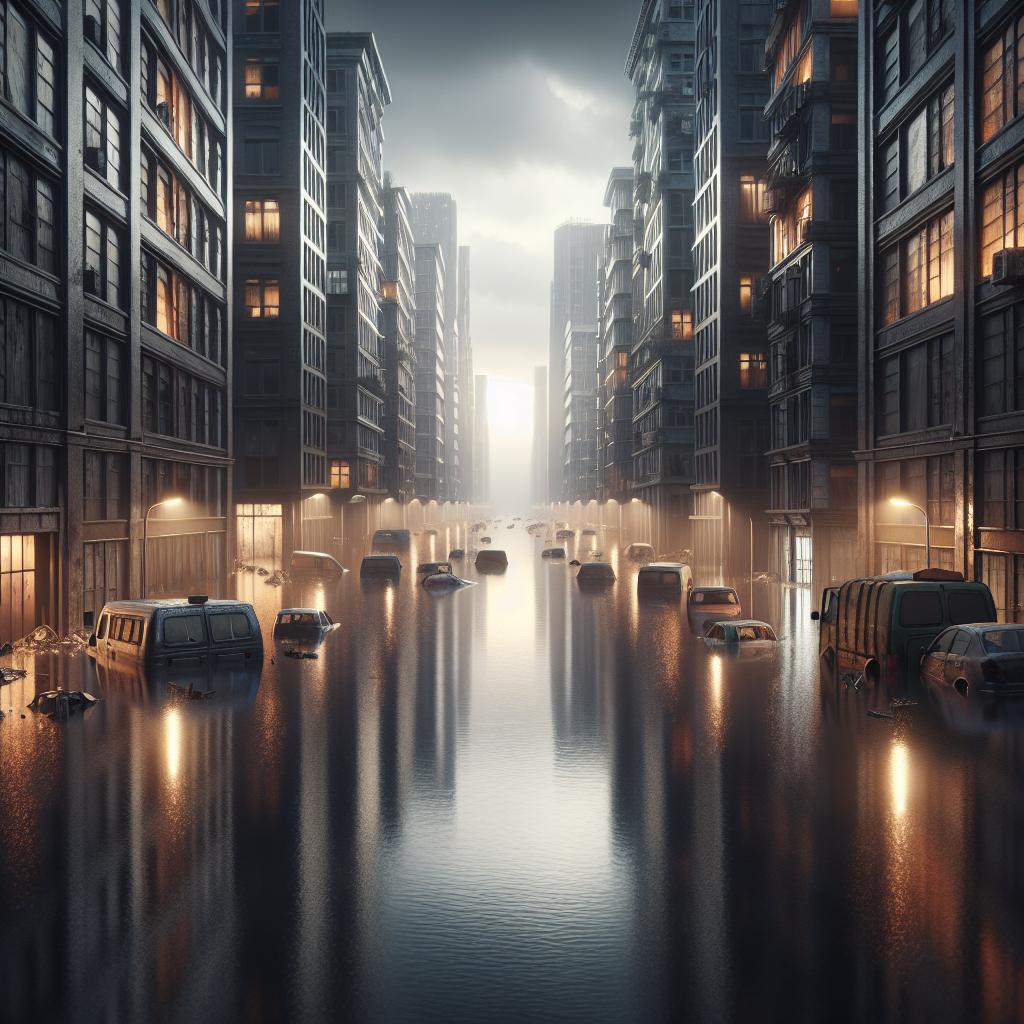 Flooded city streets scene.